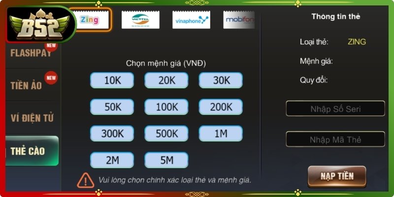 Nạp Tiền B52Club 3 Nạp đơn giản qua thẻ cào