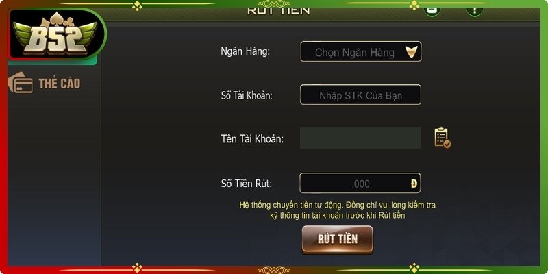 Rút Tiền B52Club 2 Rút nhanh chóng thông qua tài khoản ngân hàng